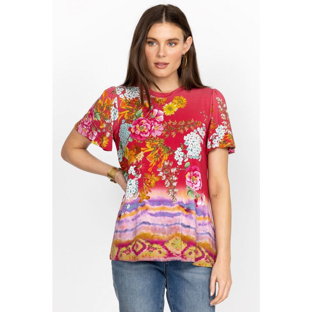 Johnny Was Golden Rose Flutter Sleeve Tee Women’s Plus Sz 2X Pink Floral T-Shirt